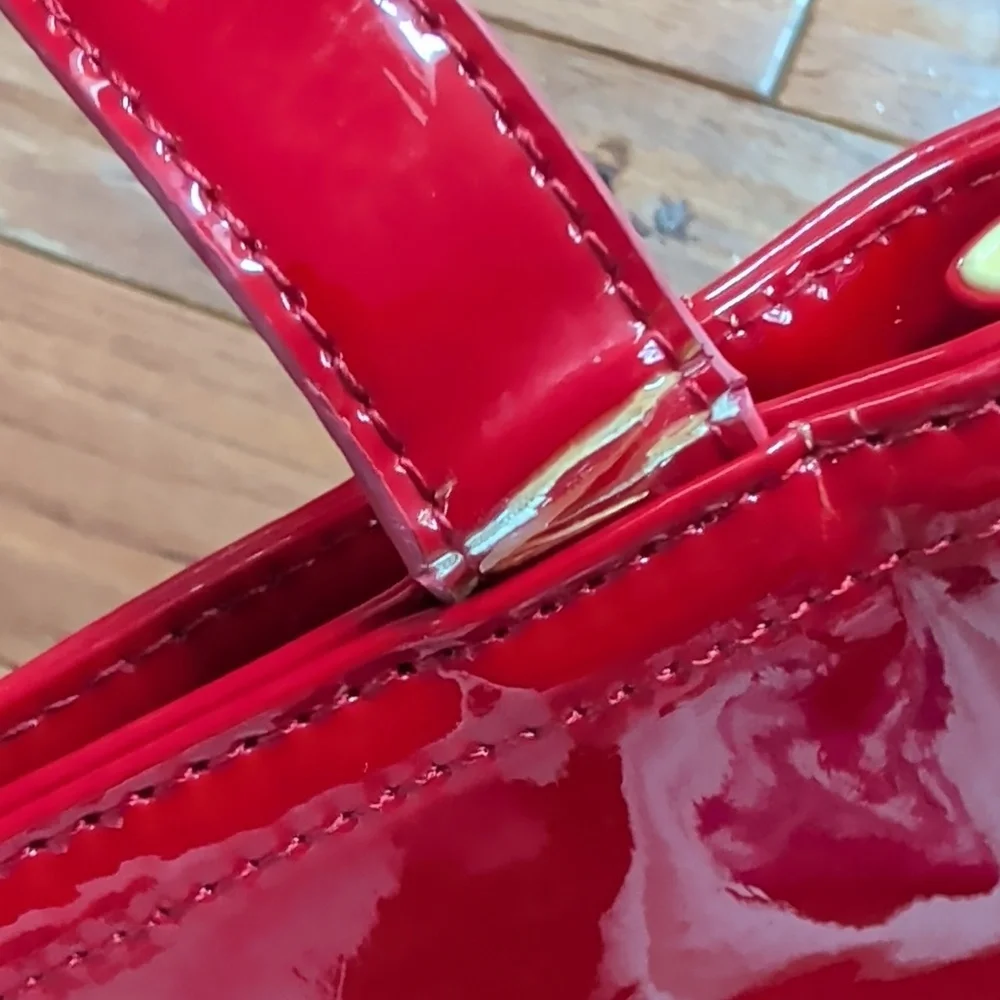 Tory Burch Ella Patent Red Yellow Perforated Tote Bag NEEDS WORK